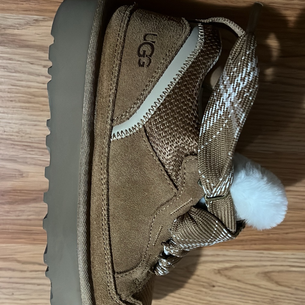 UGG Tan Suede Boots with White Pom Pom